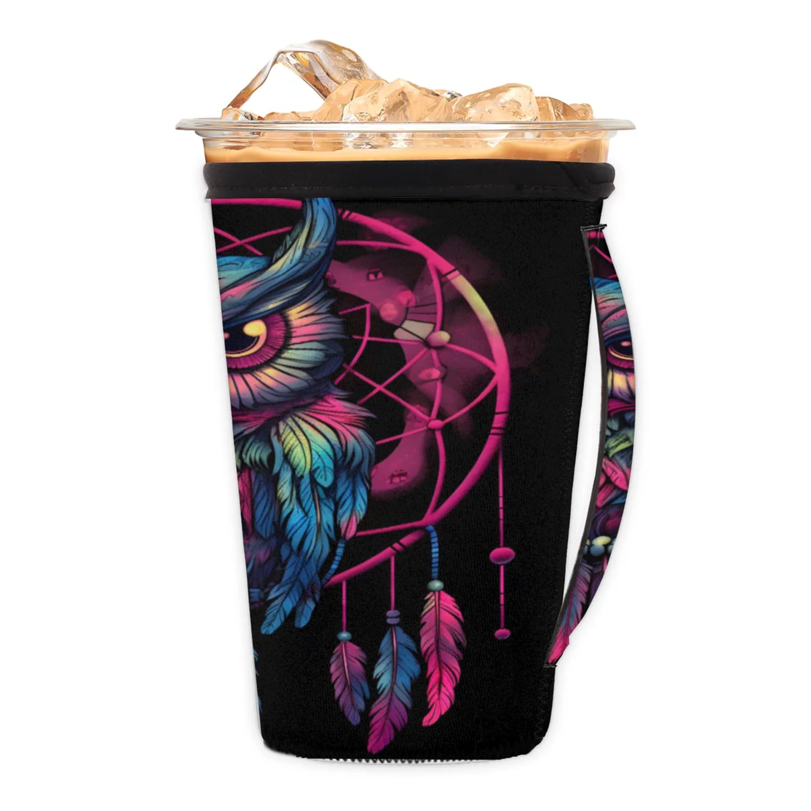 Dream Catcher Owl Reusable Neoprene Coffee Sleeve with Handle Insulated Iced Coffee Cup Holder Reduces Condensation Fits 24-28 oz Cups M