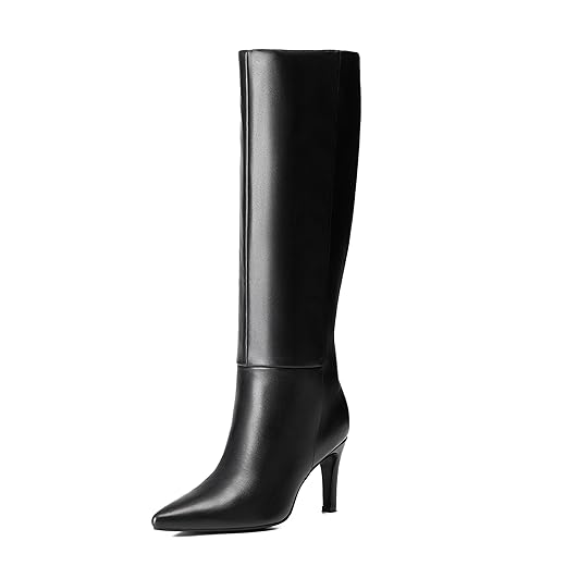 Reitoye Knee High Boots Women Sexy Pointed Toe Stiletto Tall Boots Side Zipper Dress Fashion Boots Shoes