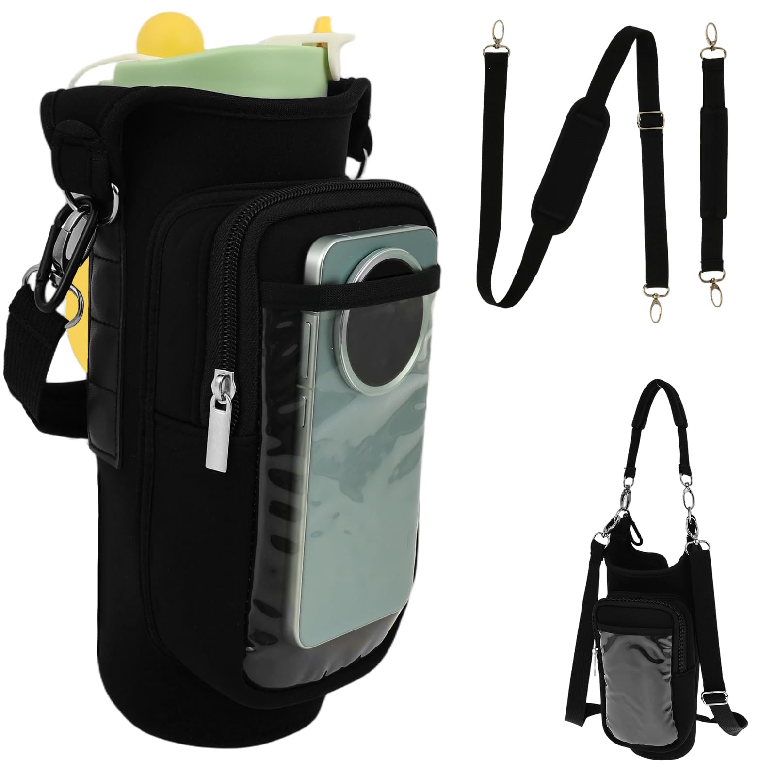 Ghshanog Magnetic Gym Bag,Magnetic Water Bottle Holder with Clear Phone Pouch & Strap,Built-in 5 Magnets Fitness Bag,Synthetic Rubber Gyms Accessories Organizer for Sports Hiking Travel Camp(Black)