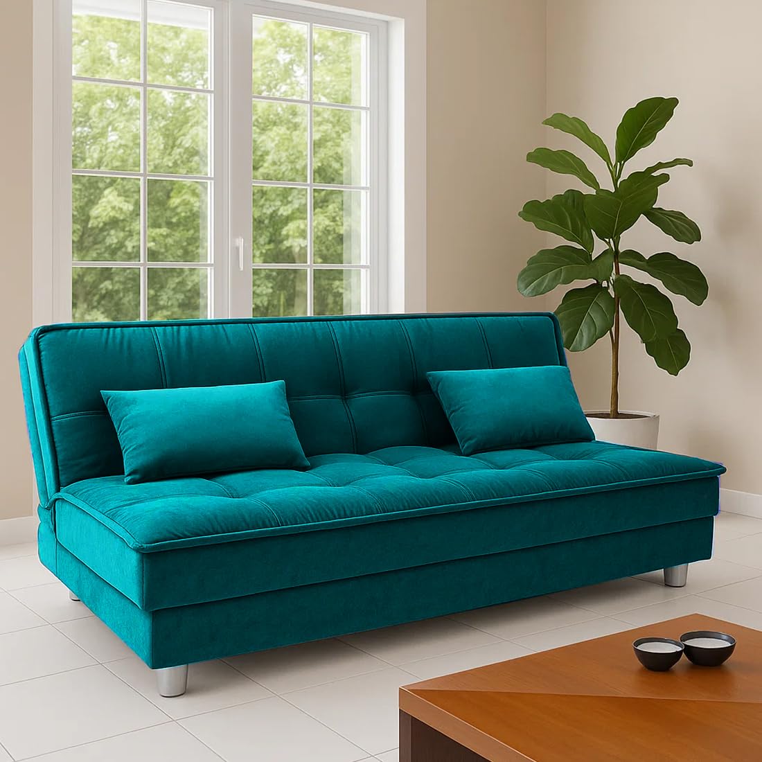 FURNY Gaiety 3 Seater Fabric Sleeper Supersoft Sofa Cum Bed (Aqua Blue)
