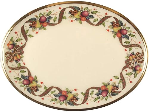 LenoxFigura decorativa de día festivo de oro de tartán Banded Ivory China 13Bandeja ovalada