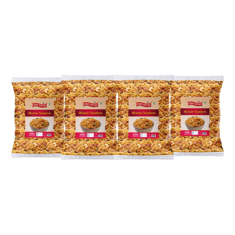 Image of OKHLI MUSAL BRAND Ready to eat Mixture Namkeen, Homemade and Lite Spicy Namkeen, Namkeen And Snacks | Mix Farsan Besan Sev, Peanuts, Boondi-Misal Pav Farsan | Made In Groundnut Peanut Oil-1Kg*4Pack