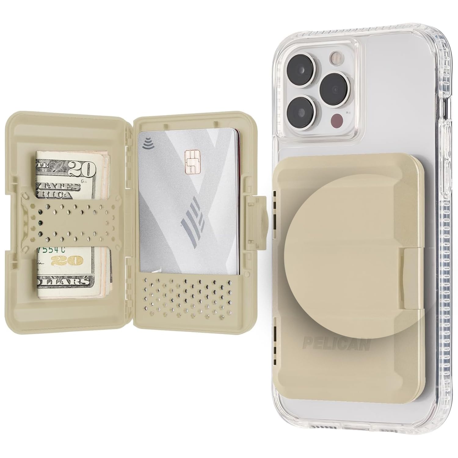 Pelican MagSafe Wallet for iPhone Heavy Duty MIL-STD Snap-On iPhone Magnetic Wallet & Phone Card Holder Removable & Slim Hard Case Wallet for iPhone Pro Max 16/15/14/13/12 Series | Desert Tan