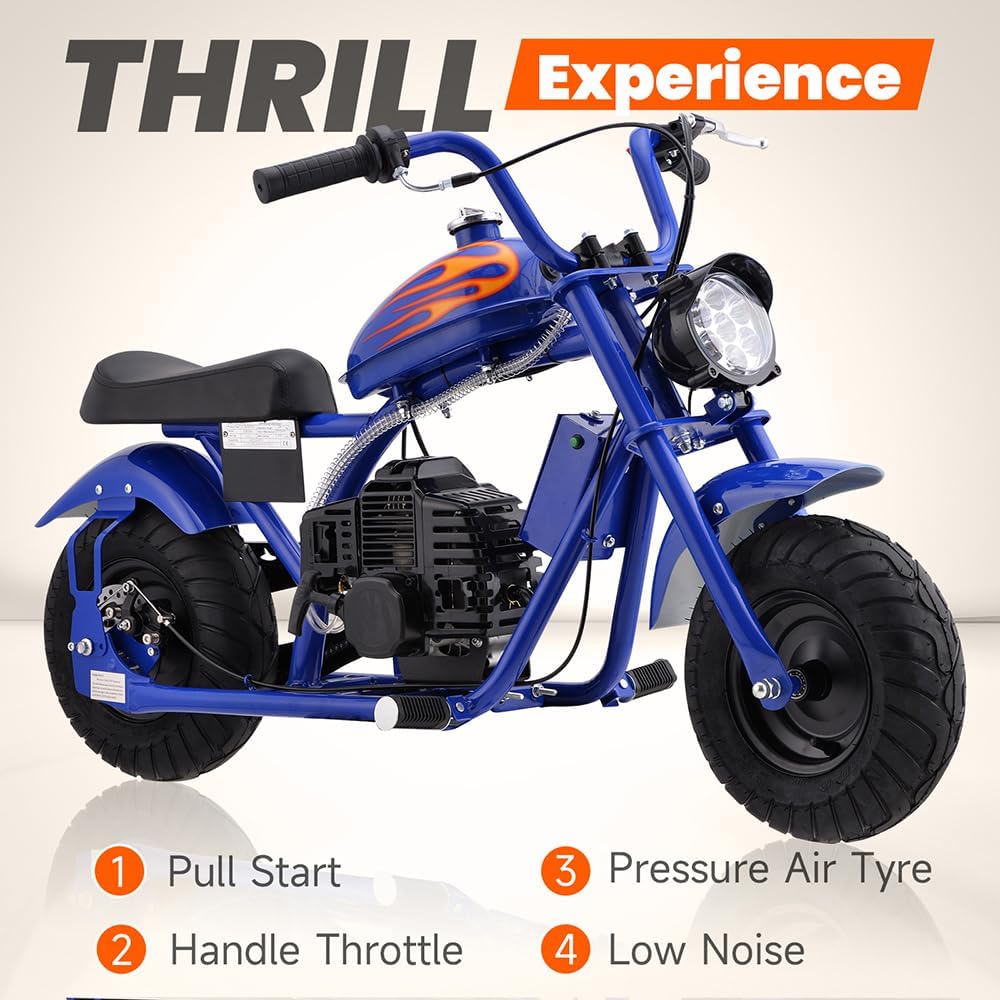 Close-up of the HOVER HEART Mini Gas Chopper Bike's handlebar, showing the pull start, handle throttle, and pressure air tire.