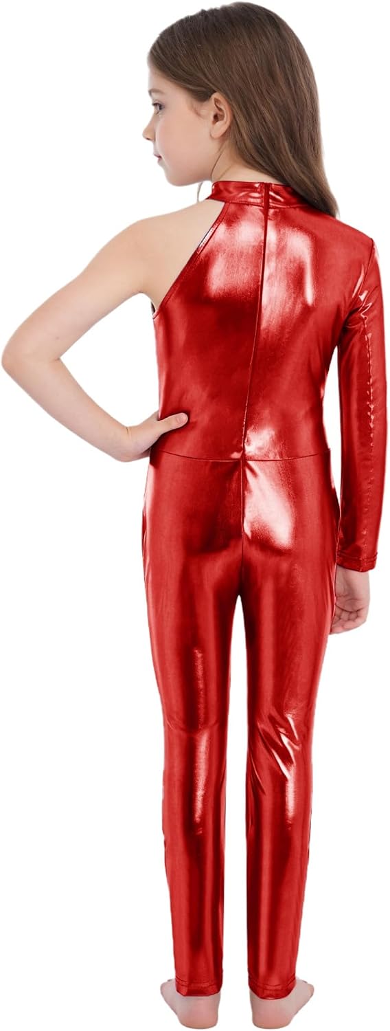 Agoky Kids Girls Metallic Unitard One Shoulder Long Sleeve Bodysuit Spandex One Piece Sparkly Full Body Leotard