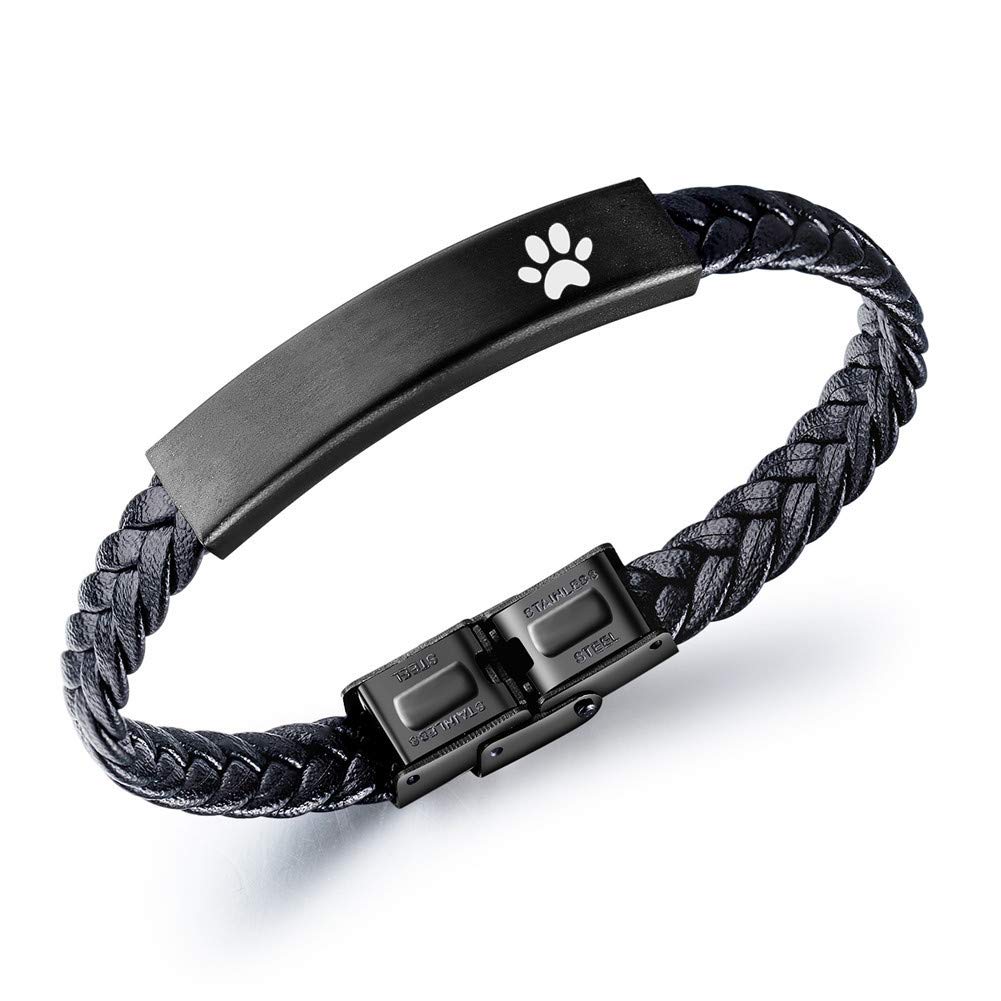 N+A Personalized Pet Memorial Gifts for Men,Stainless Steel Name Custom Braided Leather Bracelet Dog Cat Paw Engraved Memorial Remembrance Loss of Pet Cuff Bracelets Jewelry Gift for Pet Lover