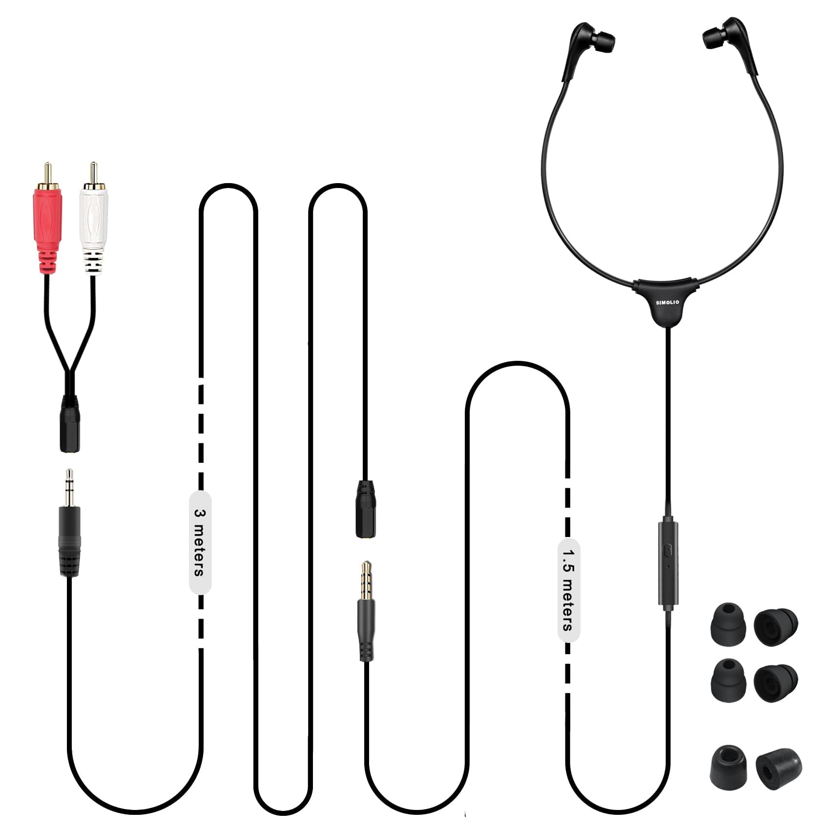 SIMOLIO Anti-Dropping Wired TV Earphone with Volume Control, Extra Long Cord Headphone with Mic for TV, PC, RCA & 3.5mm Cable Included, 14.9ft