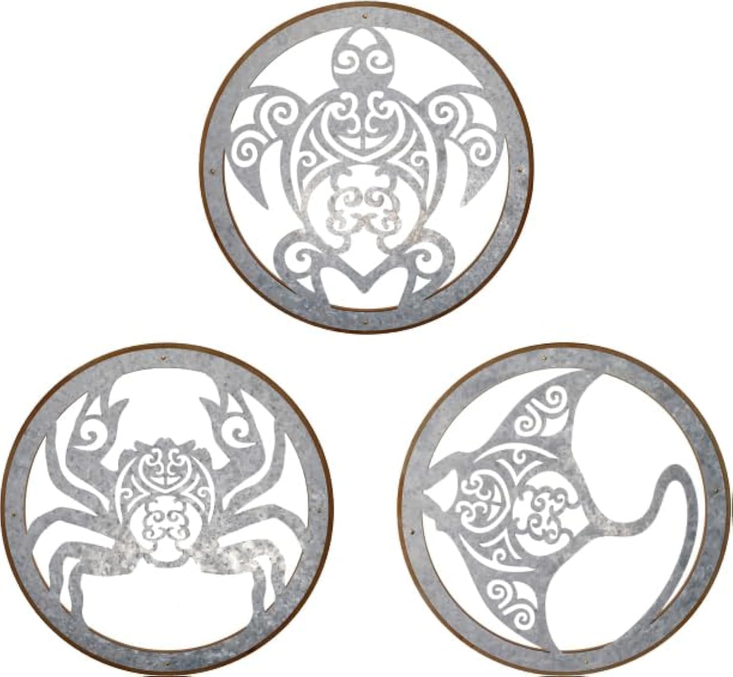 Top Brass Nautical Beach Wall Décor – 3 Piece 12” Large Size Round Wooden Wall Art – Tribal Sea Creatures - Sea Turtle, Crab & Stingray – Galvanized Metal Modern Rustic Décor