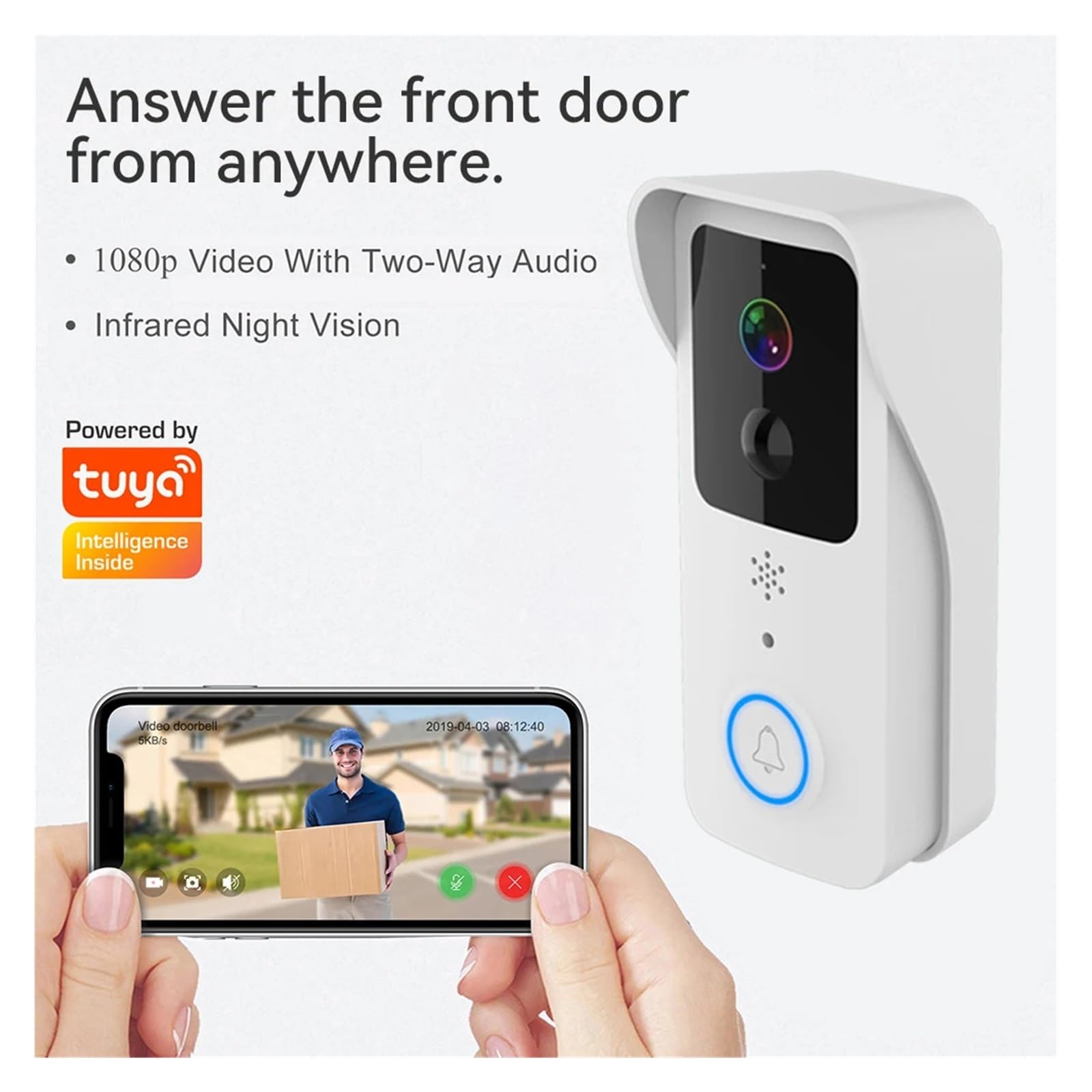 ThikK Videocitofono WiFi 5G 2.4G 1080P Tuya Smart citofono Wireless Esterno Telecamera Wireless Impermeabile con Alimentatore AC/DC (Color : with Batteries-B, Size : U/K)