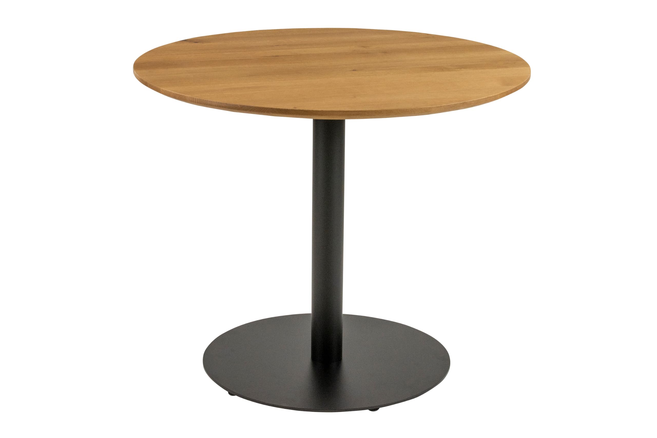 SAM Runder Bistrotisch Brasilian | 110 x 110 cm | Eichenholz massiv | Wildeiche geölt | Schweizer Kante | Säulen-Gestell Metall Schwarz | Holztisch/Säulentisch/Esstisch für Küche & Café