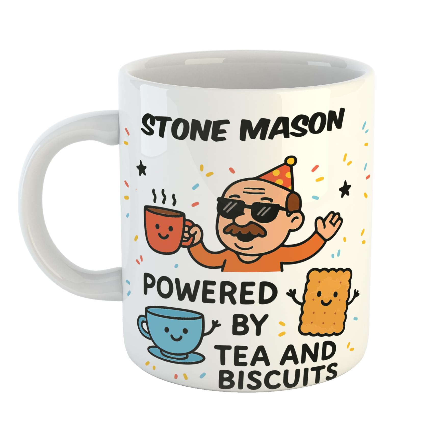 Just The Shirt Stone Mason Powered by Tea and Biscuits Funny Coffee Mug Gift for Office Desk, Home or Workplace, Ideal Present for Birthdays or Retirement