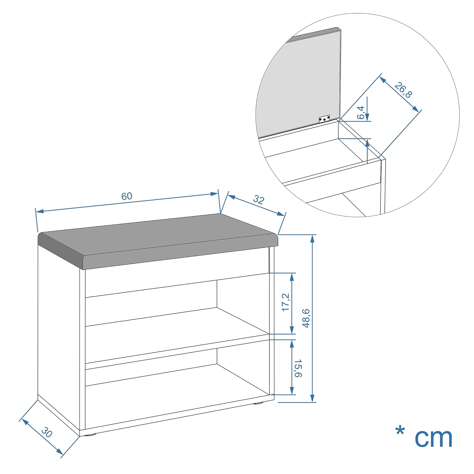 Komto Banc à Chaussures avec Assise Rembourrée – Meuble de Rangement Chêne Miel 60 x 48 x 32 cm pour Entrée, Couloir ou Chambre, Rangement Compact avec Coffre