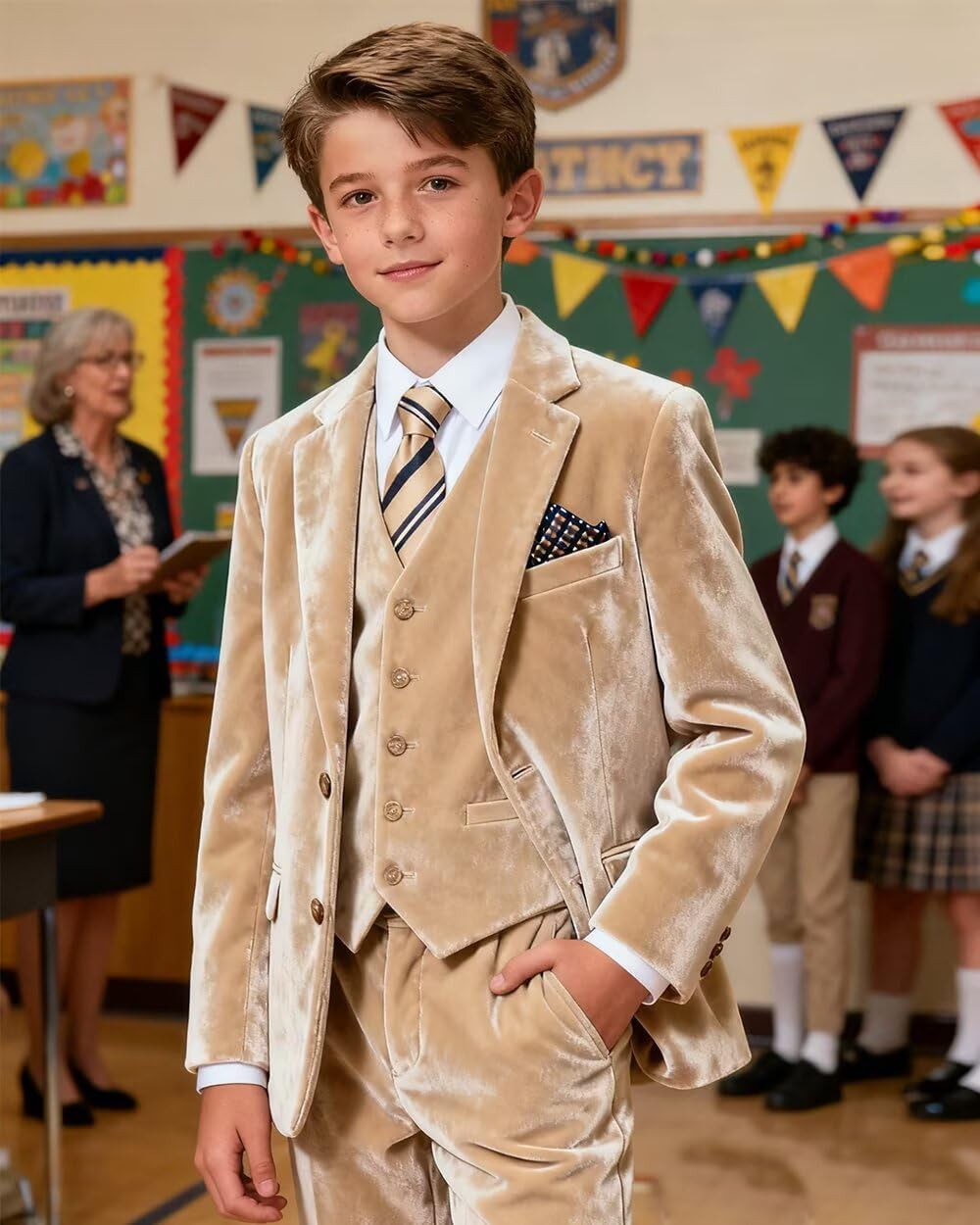 Boys Velvet Suit 3 Pieces Set Slim Fit Tuxedo Kids Suits for Boy Blazer Vest Pants for Wedding Prom Homecoming Outfits