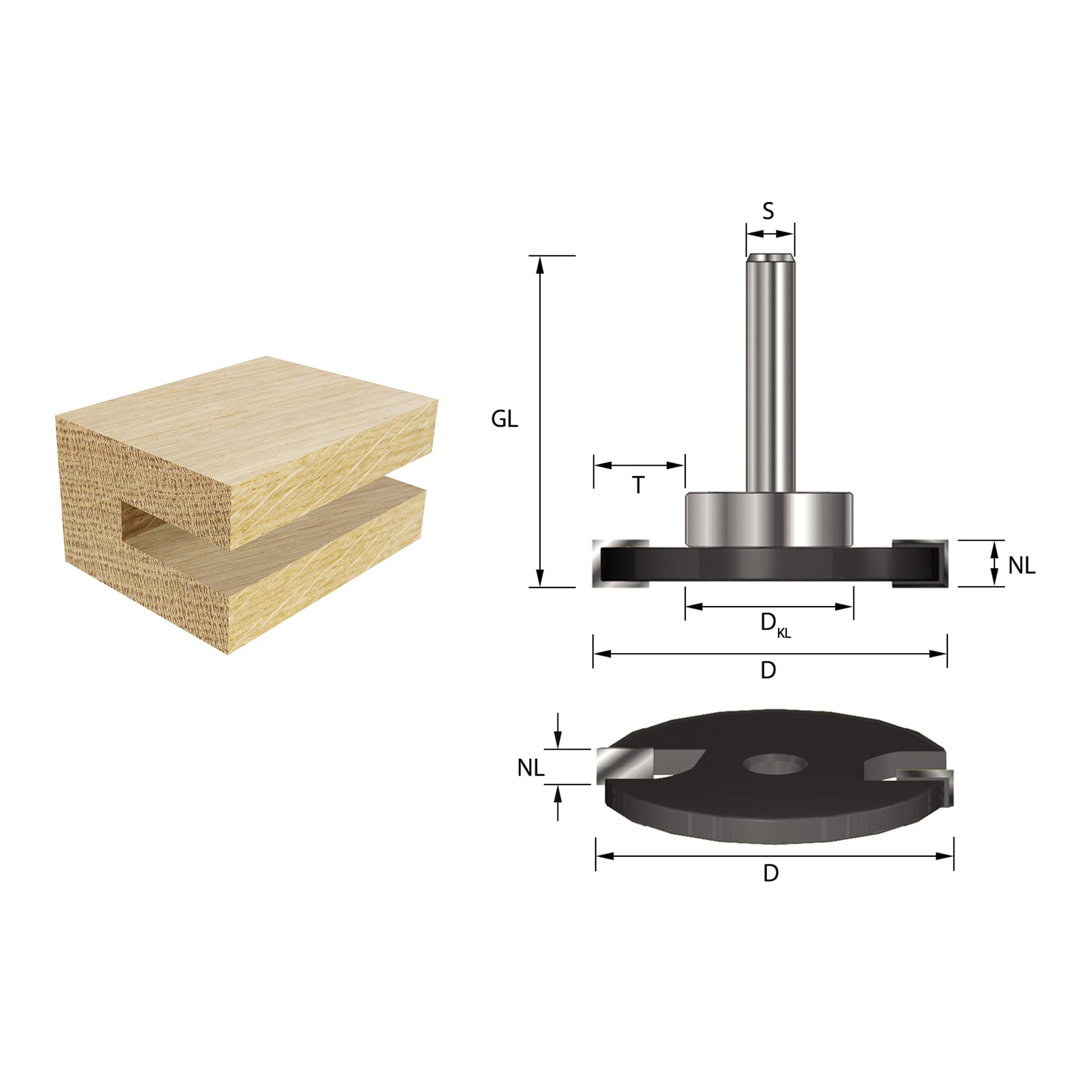 ENT 13972 Scheibennutfräser HW, Schaft (S) 8 mm, Durchmesser (D) 40 mm, NL 4 mm, ØKL 19 mm, T 10,5 mm, GL 54 mm, auf Spindel montiert mit Kugellager 19 mm