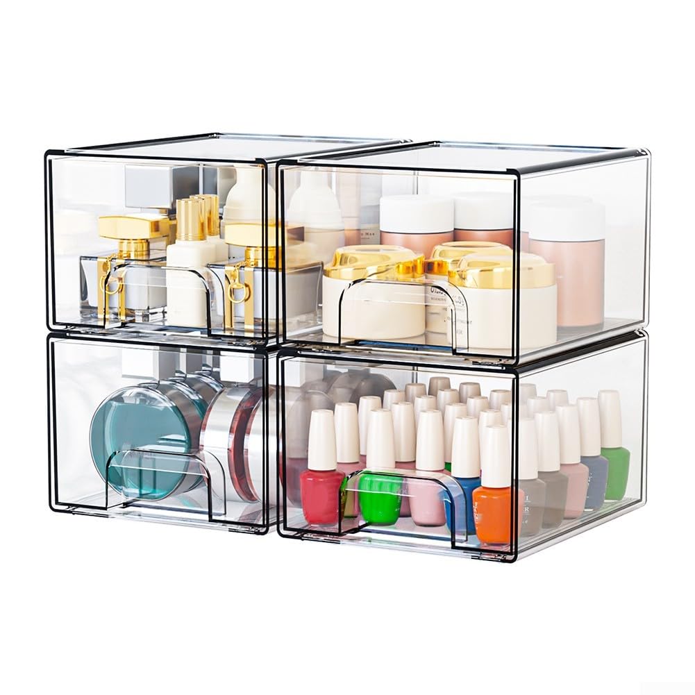 Cassetti trasparenti impilabili per organizer da scrivania in acrilico, salvaspazio, con manici e cuscinetti antiscivolo, per trucco, gioielli, forniture per ufficio, contenitori multiuso