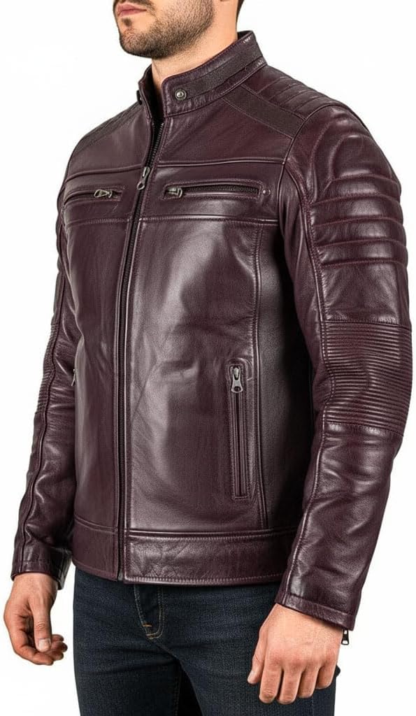 Men's Cafe Racer Biker Jacket - Genuine Lambskin, Real Leather Motorcycle Jacket - Image 2