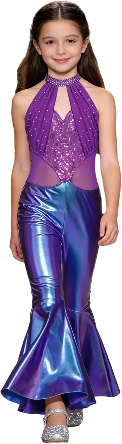 Choomomo Girls Disco Flare Jumpsuit Shiny Metallic Sequin Bell Bottom Romper for Concert Music Festival