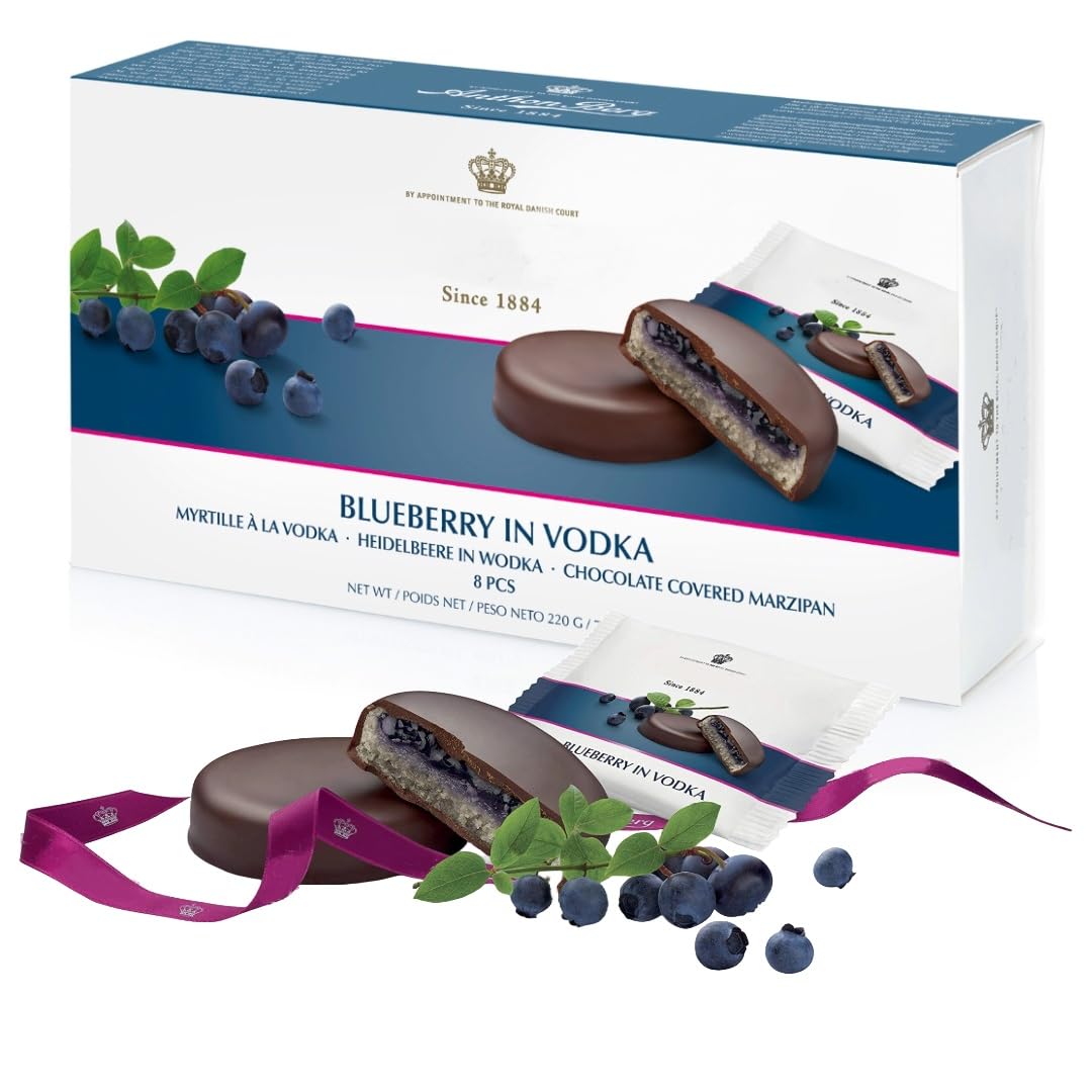 Marzipan Liqueur Chocolates Gift Box - Blueberry in Vodka Dark Chocolate Covered Marzipan 220g Chocolate Gift with Topline Card for Stocking Fillers, Secret Santa Gifts for Women, Birthday Gifts