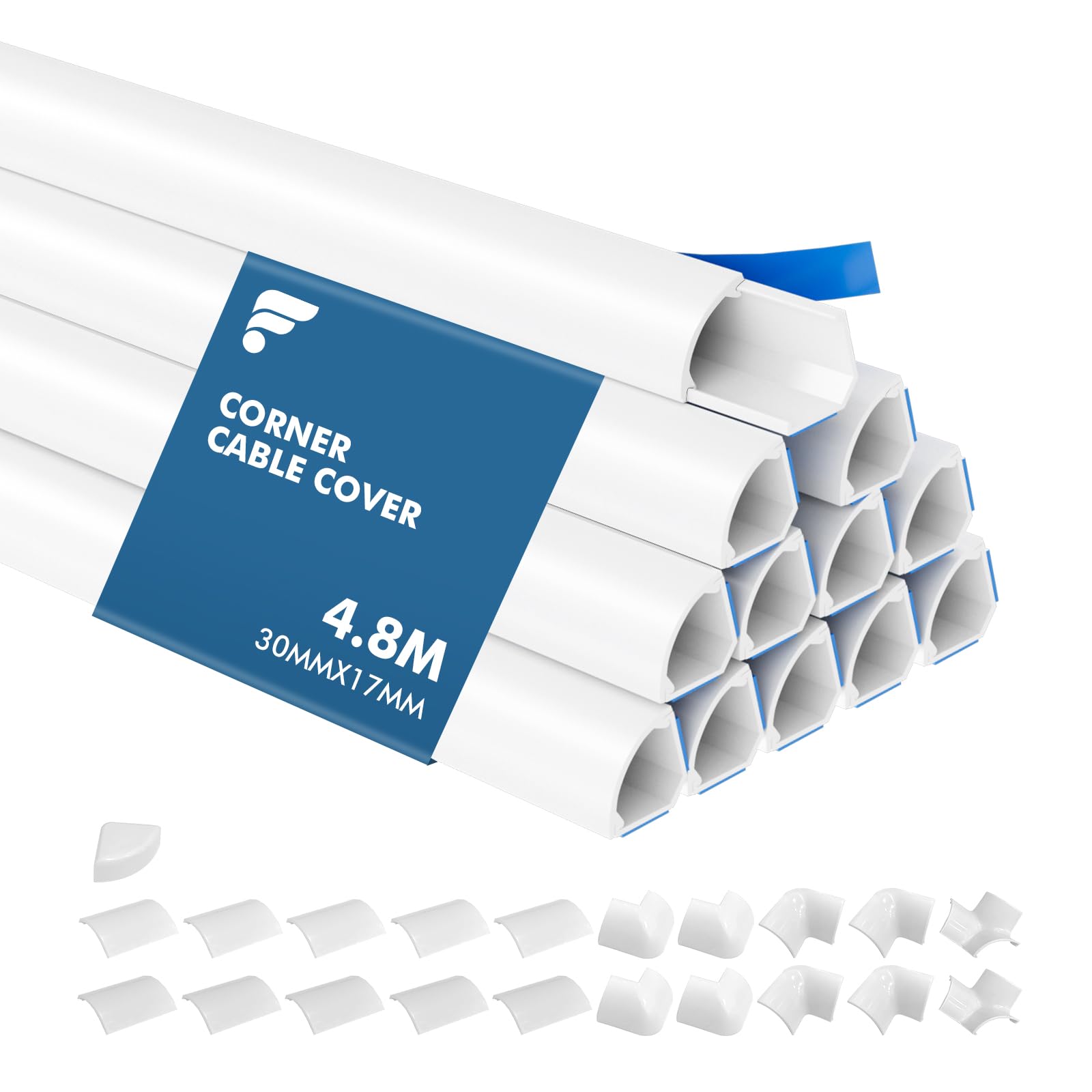 shinfly 4.8m Corner Cable Cover, Quadrant Round Cable Trunking, Trunking for Electric Cables, Wire Covers for Cables, Self Adhesive Trunking for Corner of Wall - White 30mm x 17mm (0.4m x 12-pack)