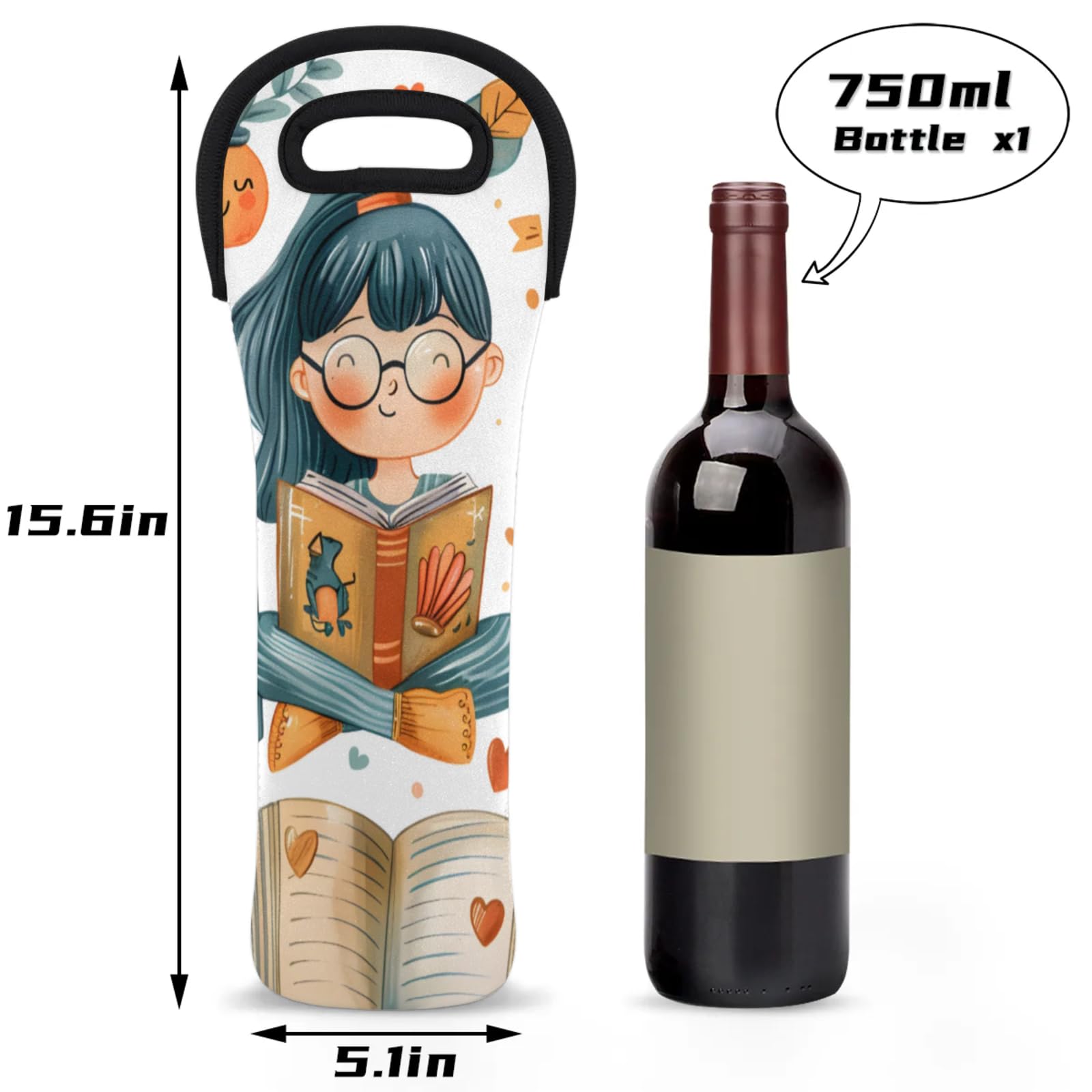 Neoprene Wine Tote Carrier Bag for Wine,Water, Champagne, Beer, Baby Bottles 15.6 x 5.1 Inches, Protective Wine Bag,Book Girl