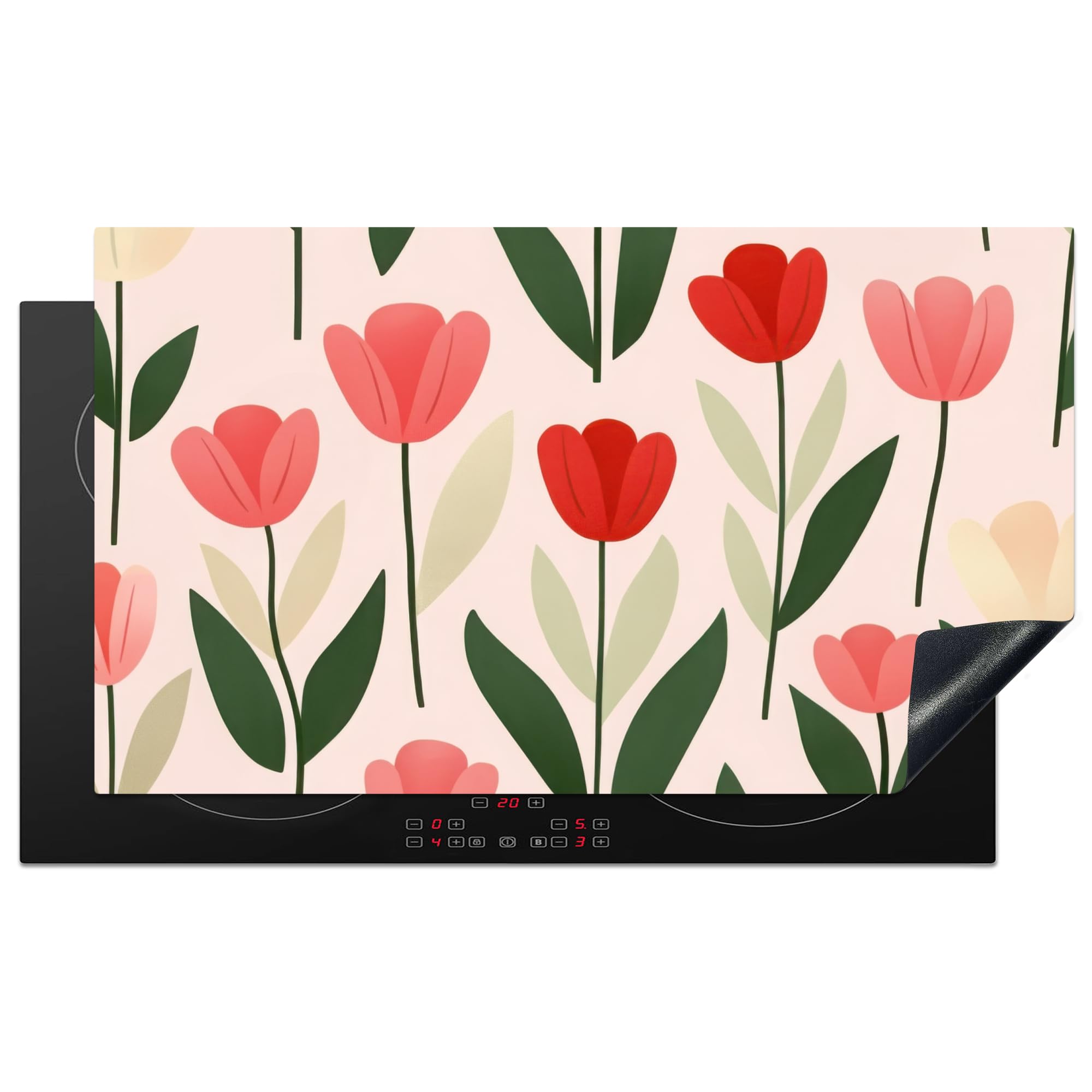 KitchenYeah© Induction Hob Protector Mat 20.5"x35.9" / 91.2x52 cm Stove Cap Top Cover Kitchen Cooker Covers for Electric Hobs Vinyl Tulips - Modern - Pink