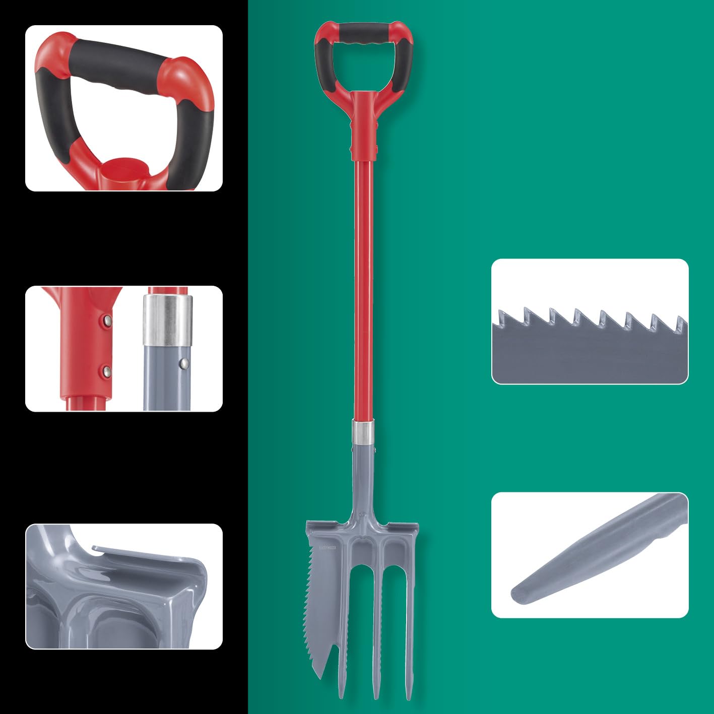 EASYmaxx Łopata do korzeni 4 w 1 i widelec 2 w 1 z piłą do korzeni w zestawie | wielofunkcyjne łopatki do kopania, piłowania, cięcia, spulchniania i przesadzania | Root Digger i łopata korzeni z
