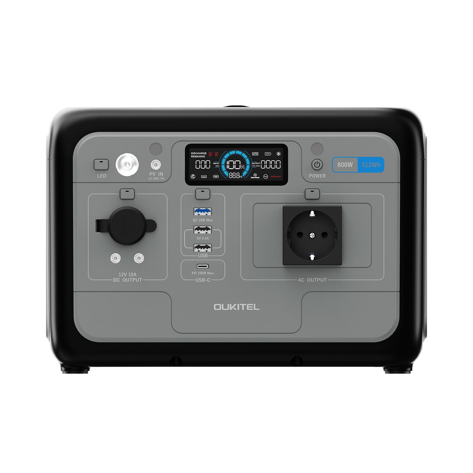 OUKITEL P800 Estación de Energía Portátil 800 W, Generador Solar con Batería Lifepo4 512 Wh, Generador con Salidas USB A Y C, Potencia Máxima de 1600 W, Ideal Para Acampadas