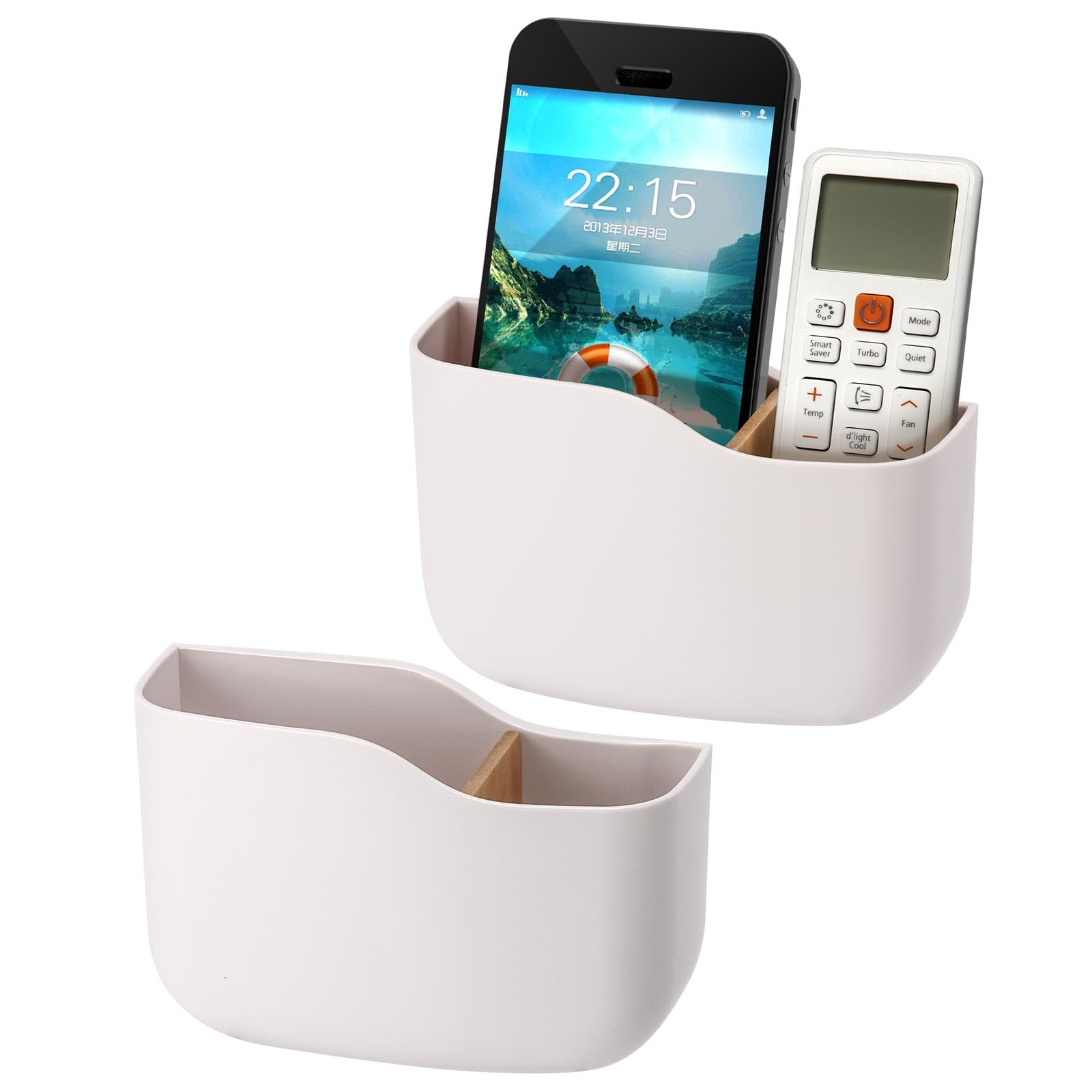 Tecbeauty 2 Pack Adhesive Remote Control Holder Wall Mount Universal TV Remote Organizer Caddy Storage Box Tray Hollow Bottom Slot Easy Phone Charging Home Office Desk Nightstand