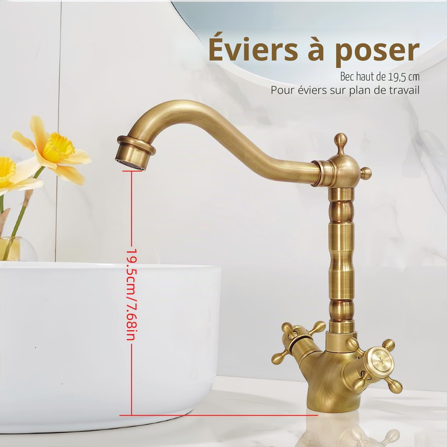 Robinet Cuisine Évier en Laiton Antique, Rétro Mitigeur Lavab | Vintage mélangeur monocommande à deux poignées, pivotant à 360°, cartouche céramique, pour cuisine et salle de bain