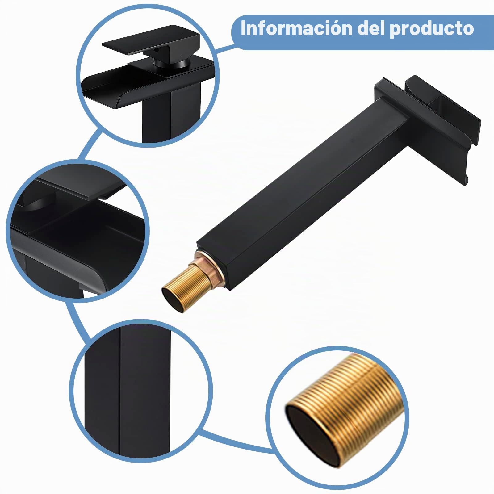 Grifo Lavabo Cascada Negro Alto Grifo de Lavabo, Grifo para Baño de Latón, Monomando Lavabo Mezclador con Altura de Pico de 265 MM, Gran Salida de Agua, Agua Fría y Caliente Disponibles, G 3/8