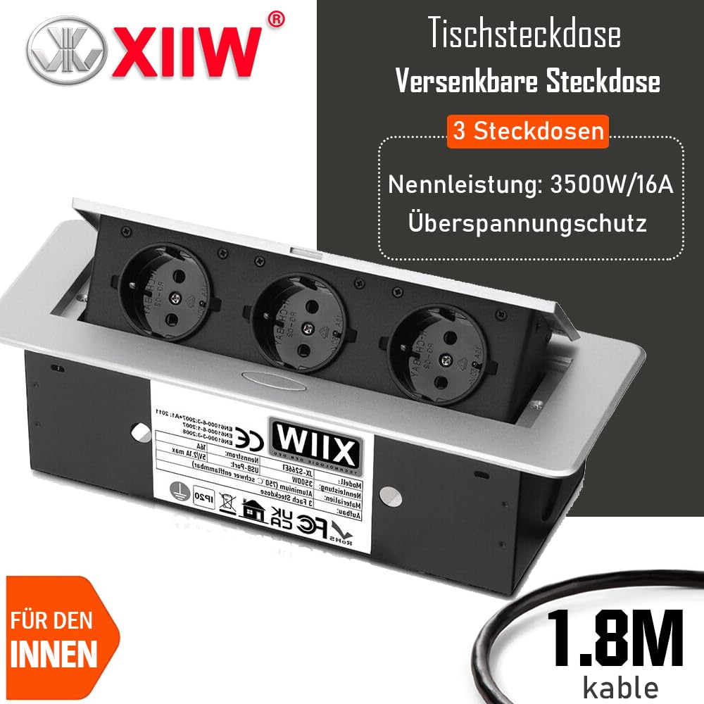 Enchufe de aluminio retráctil de 3 enchufes, cable de 1,8 m, 3500 W, 16 A