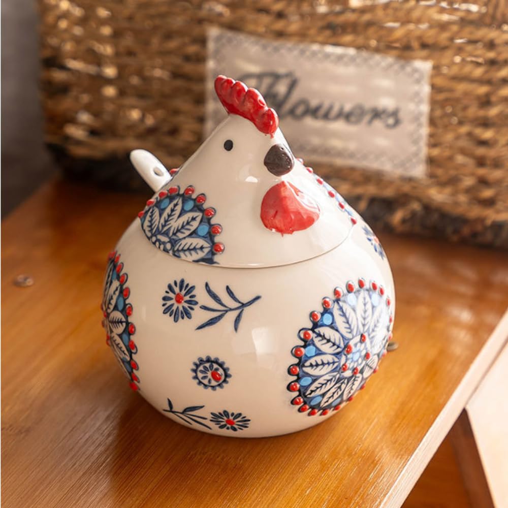 Récipient à épices en céramique avec couvercle et cuillère, pot d'assaisonnement peint à la main pour le sel, le poivre, le sucre et le rangement de la cuisine, design mignon et simple poussin