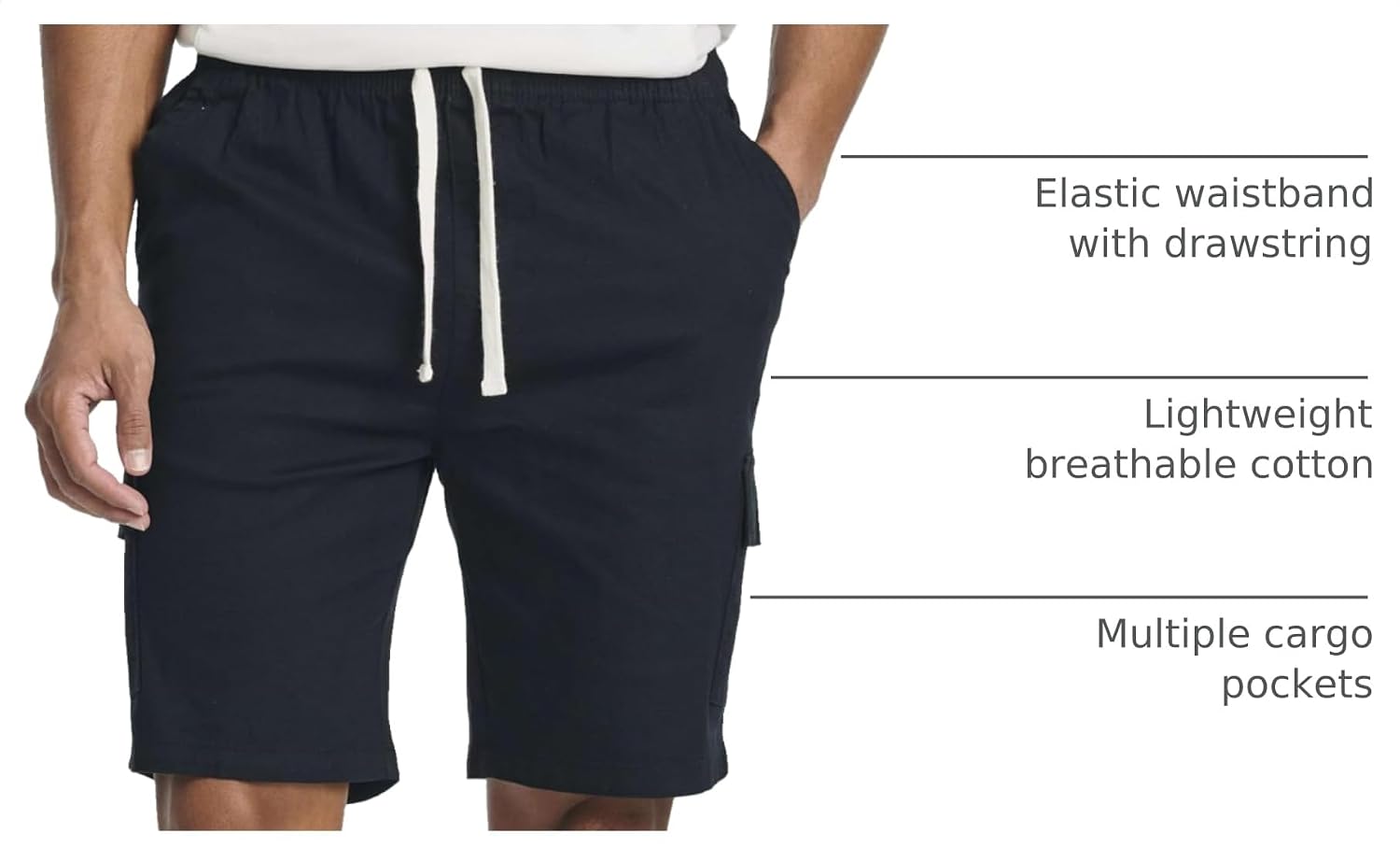 3 Pack Men's Cotton Cargo Shorts 9 Inch Drawstring Elastic Waist Pockets | Everyday Wear, Utility, Casual, Lounge, Work, Relaxed Fit, Side Pockets; Soft, Durable & Breathable