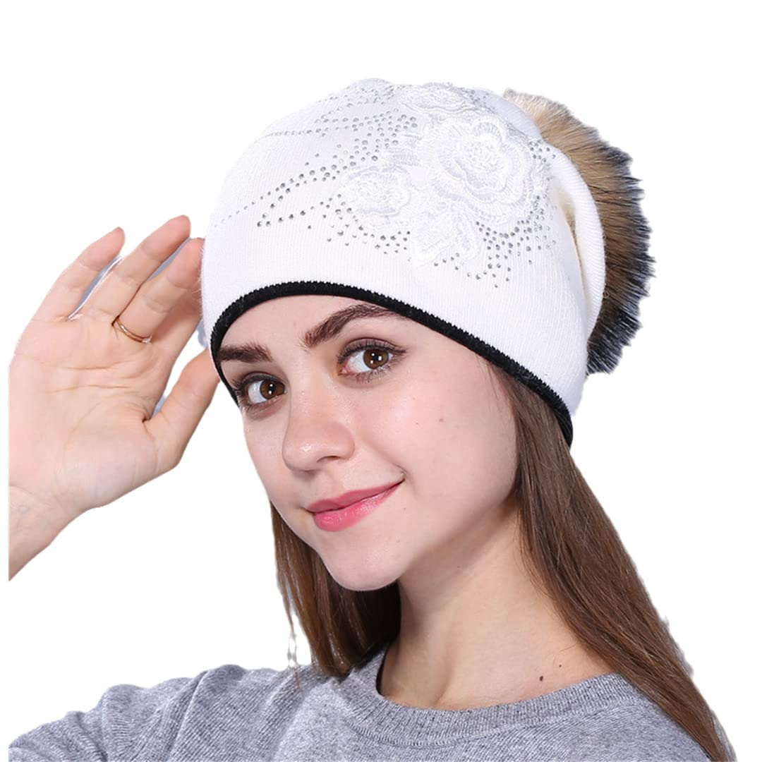 Sombrero de Punto de Lana de Piel de Conejo de Invierno para Mujer, Gorros de visón cálidos para Mujer Mink White