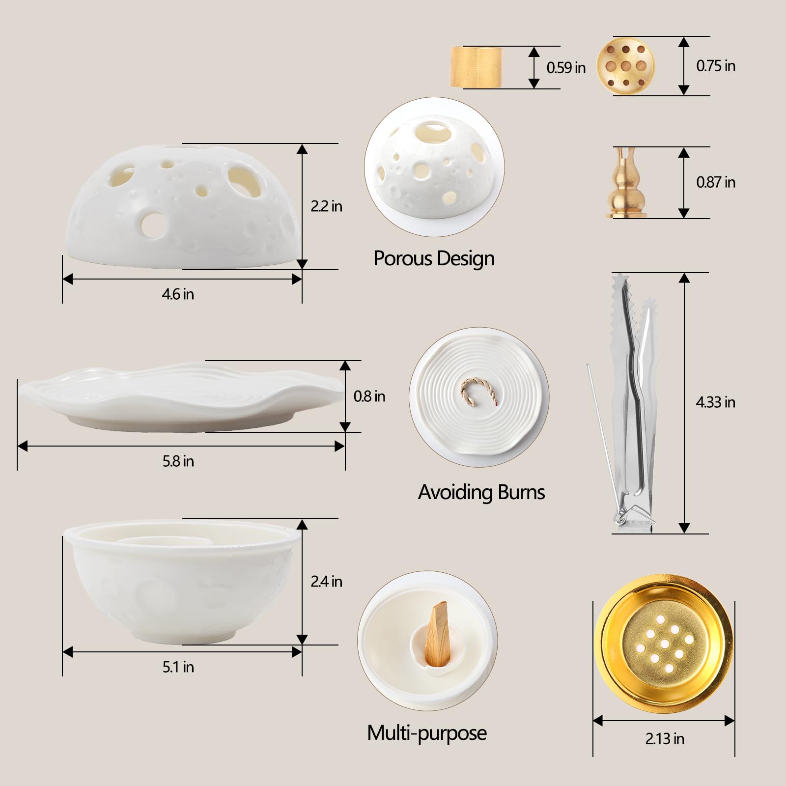 12 in 1 Ceramic Moon Incense Holder, Palo Santo Holder, Sage Smudge Bowl, Charcoal Bakhoor Incense Burner, Incense Burner Holder for Stick/Cone/Coil/Resin/Rope, Tealight Match Holder for Home Decor