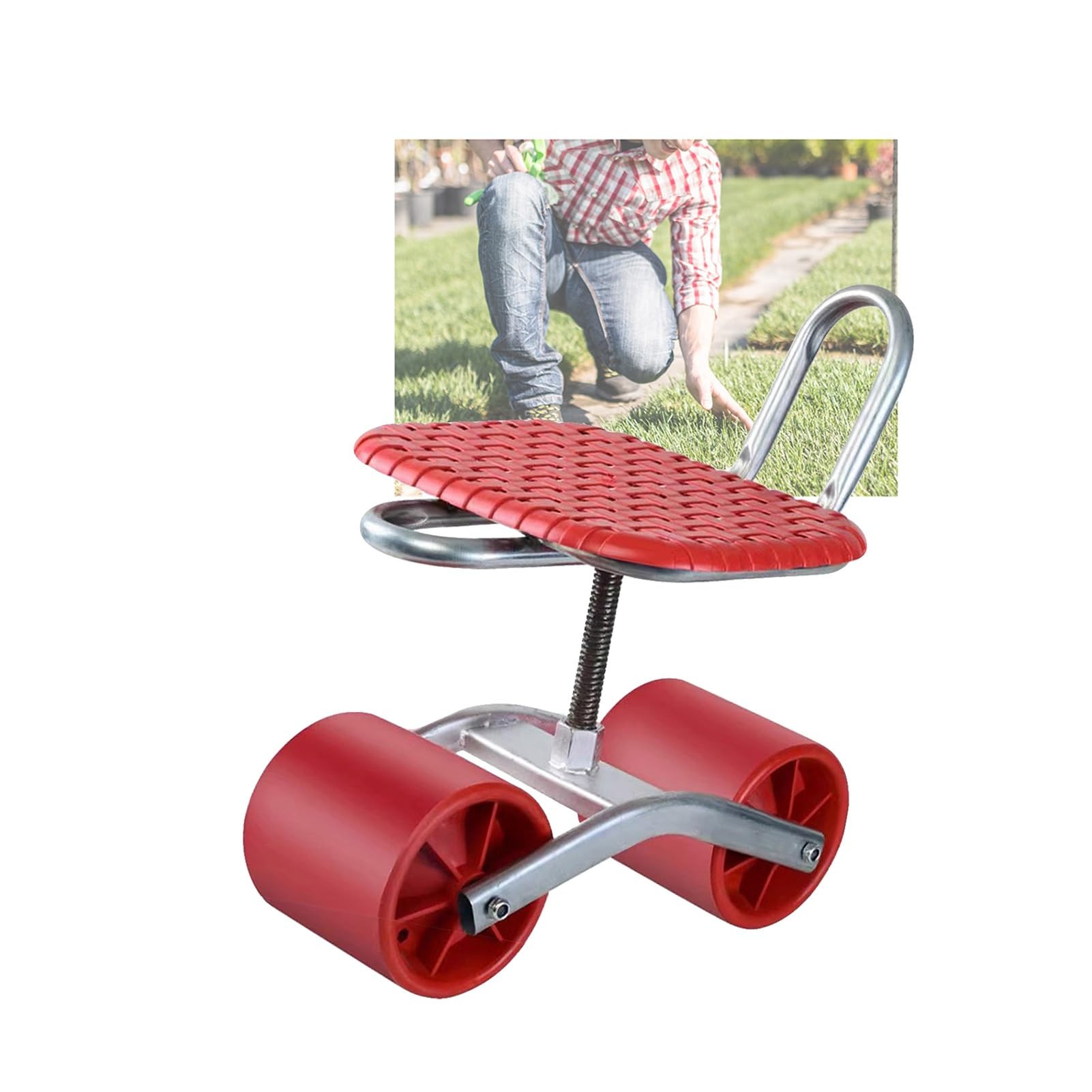 Seggiolino da lavoro girevole a 360° regolabile con 2 ruote, monopattino da giardinaggio per prato e cortile, carrello portatile da giardino rosso