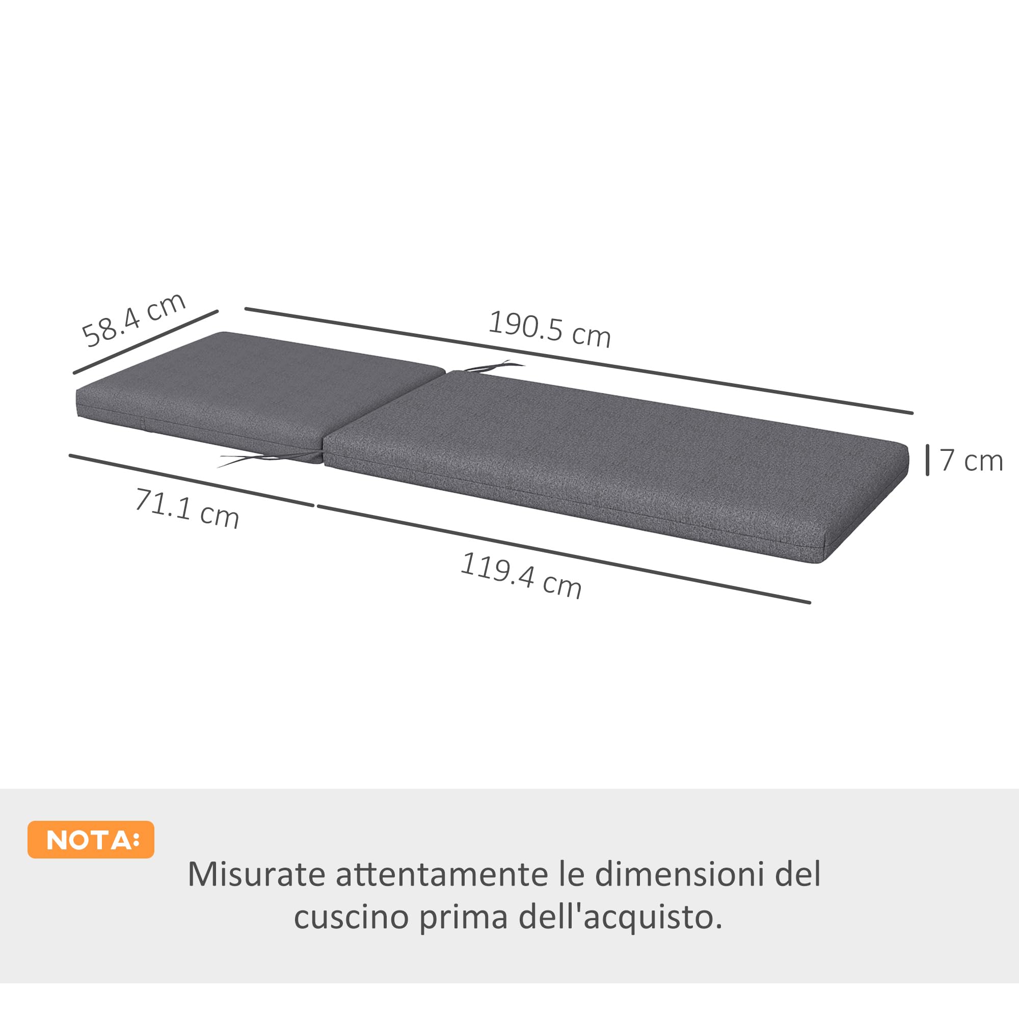 Outsunny Set 2 Cuscini per Sedie da Esterno con Lacci di Fissaggio, Cuscini da Esterno Imbottito in Cotone, per Sdraio Prendisole Giardino, 190.5x58.4x7 cm, UV50+, Grigio