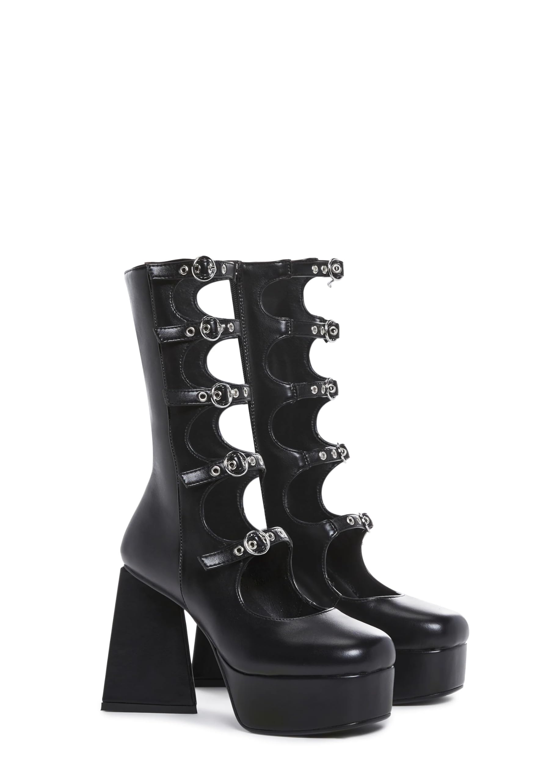 Lamoda Padlock BlackPU Platform Calf Boots with Chunky Heel, Trendy Lace-Up and Padlock Detail, Streetwear Fashion Statement, Comfortable Durable PU Upper Footwear UK8