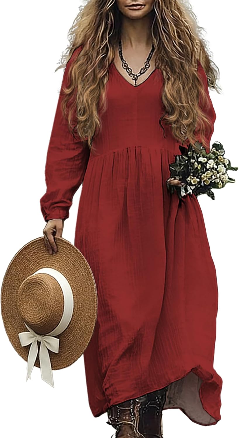 Women's Boho Floral Maxi Dress Long Elastic Cuff Sleeve V-Neck Flowy Loose Fit Soft Comfy Vintage Casual Dresses