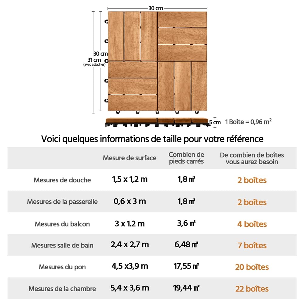 Yaheetech Carreaux de jardin en bois d'acacia 30 x 30 cm Revêtement de sol imperméable résistant aux intempéries pour extérieur, balcon, jardin, terrasse, 10 pièces