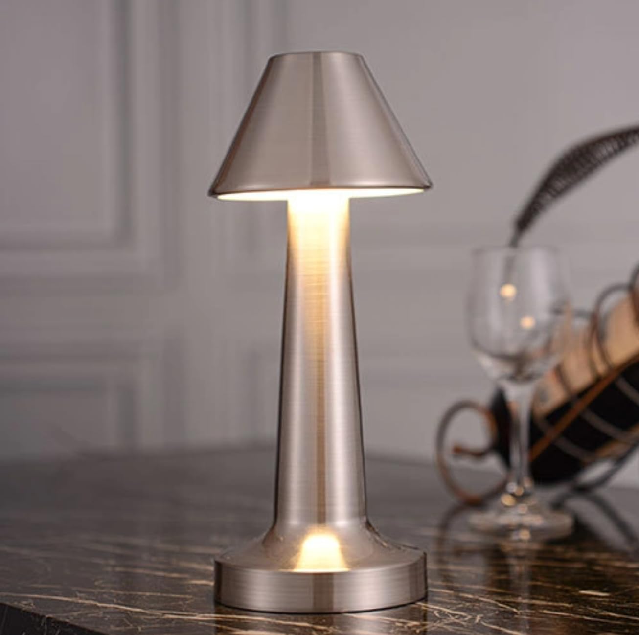 NYRWANA Table Lamp | 2000mAh Battery | Home Decor, Lamp, Lamps for Bedroom and Living Room, Stepless Dimming, 3 Colour Touch Control, USB-C Charging, Rakhi Gift for Brother & Sister (Metal - Silver)