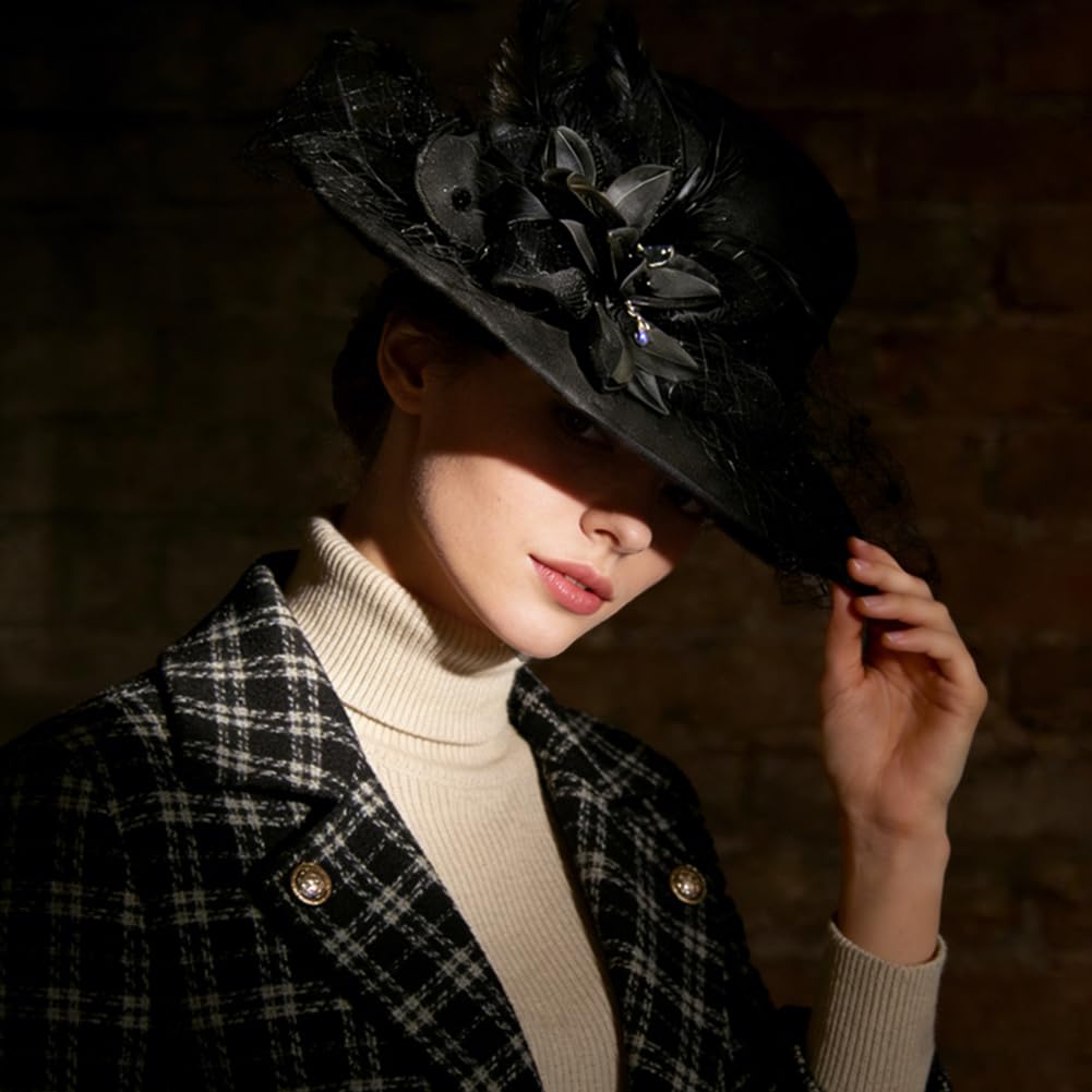 YJZQ Femmes Chapeau Melon en Feutre élégant Chapeau Cloche à Fleur Voile Bonnet Charleston année 20 Couvre-Chef Style Vintage 56-58CM