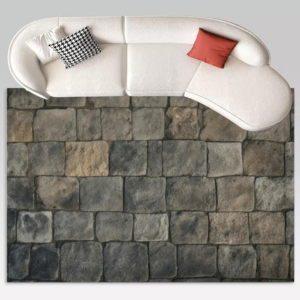 Old Stone Pavement Granite Cobblestone Road Vintage Block Sidewalk Rug 5x7 Rug Area Rugs for Living Room Bedroom Aesthetic Dining Room Machine Washable Throw Rugs Carpet Indoor Non-Slip Floor Mat
