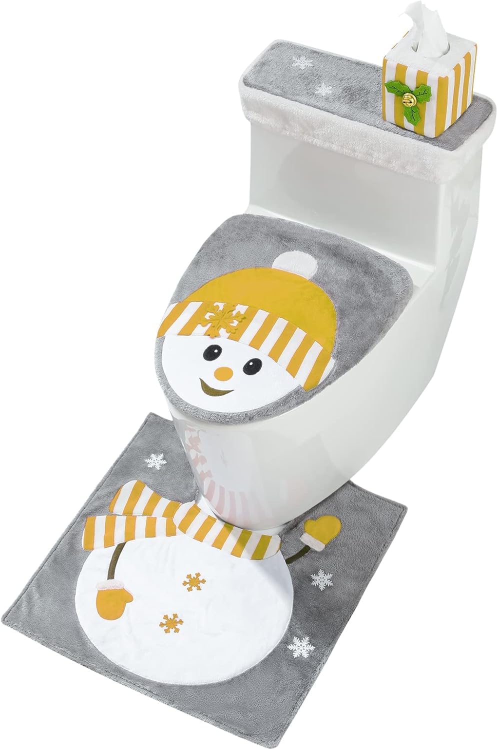 Luxspire Christmas Toilet Seat Cover and Rug Set of 4, Christmas Bathroom Decoration Set, Snowman Toilet Lid Cover, Toilet Rug, Toilet Tank Lid Cover, Tissue Box Cover, Home Decor