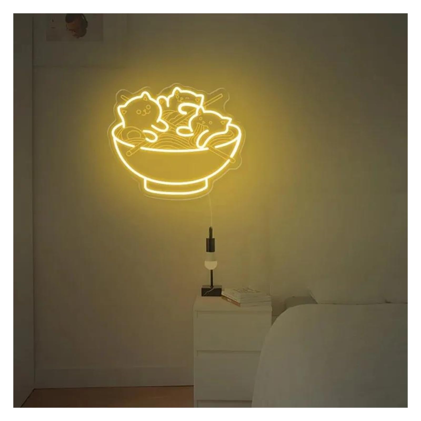 LEMST Signs Lamp Ramen Cat Neon Sign,Cute Cat Noodles Neon Light, Resturant Room Dorm Wall Decor 40x33cm(Yellow)