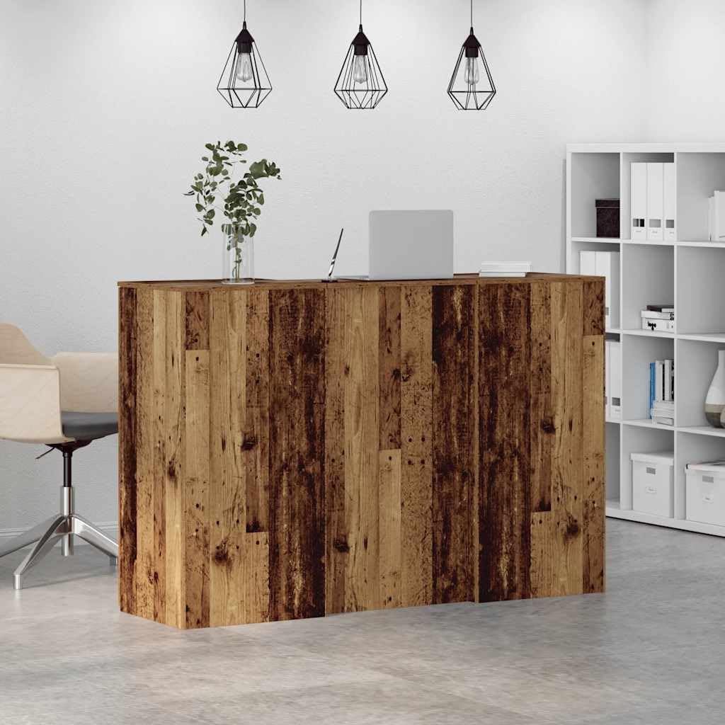 Banco reception effetto legno vecchio, 155 x 50 x 103,5 cm, materiale in legno, robusto bancone per ufficio, hotel, salone, scrivania versatile con spazio di archiviazione