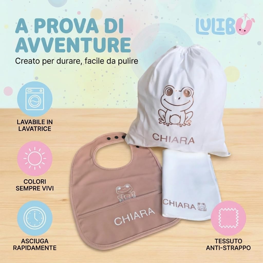 Set Asilo Personalizzato con Nome e Animaletto - Kit Bavaglino Personalizzato, Asciugamano Neonato e Sacca con Nome Bambina o Bambino - Set Asilo Nido Bimbo e Bimba - 4