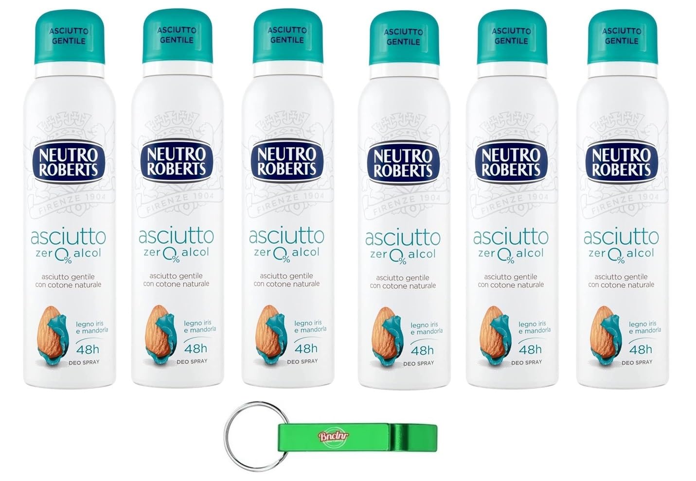 6 X Neutro Roberts, deodorante Asciutto Spray Iris e Mandorla, senza alcool e con Rockalaun, anti sudore, deodorante unisex, 150 ml + portachiavi Beni Culinari