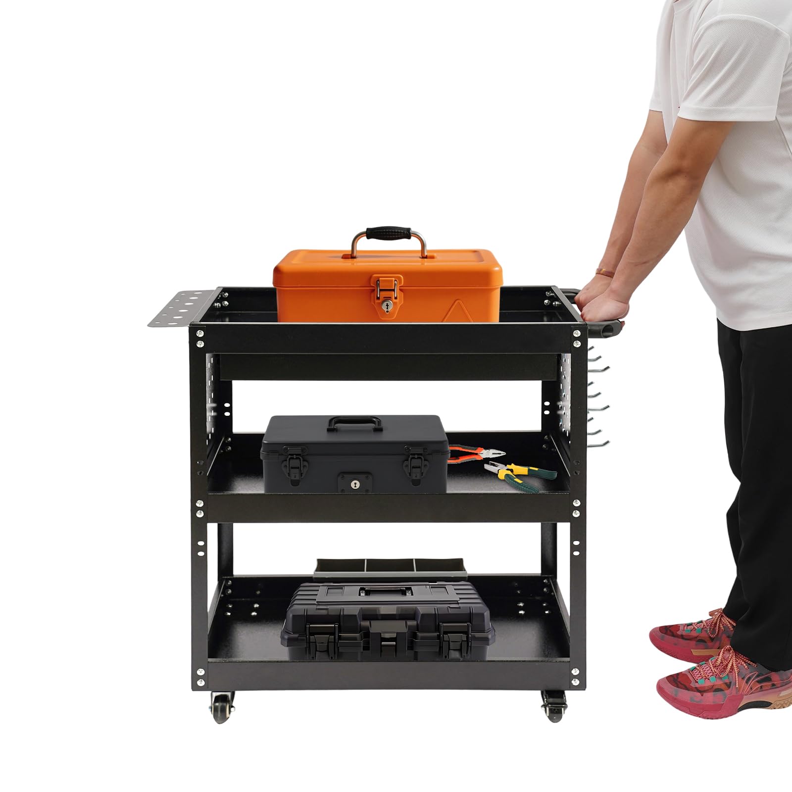 Carro de herramientas resistente, 3 niveles y 1 cajón con cerradura, agujero para colgar y caja de almacenamiento en el lateral, banco de trabajo con 4 ruedas (2 frenos), color negro