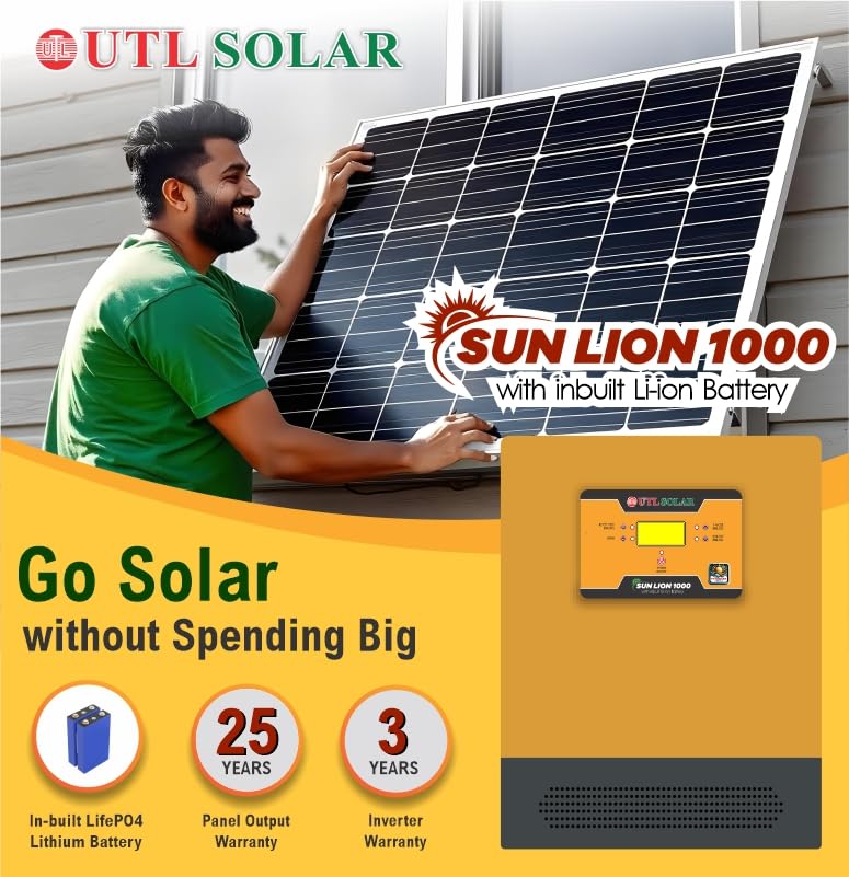 Image of UTL SUN LION 1000 Solar Inverter | Wall Mountable | Inbuilt Lithium Battery (LiFePo4) | rMPPT Solar Charge Controller | Compatible with 12V & 24V Panels | 800VA System | 3-Year Warranty